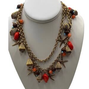 Yochi NY Signed Red Blue Starfish Faux Coral‎ Turquoise Glass Statement Necklace